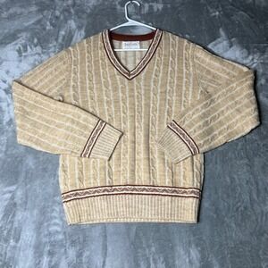 Jantzen Mens Cable Knit V Neck Sweater Tan Brown Trim Size Large